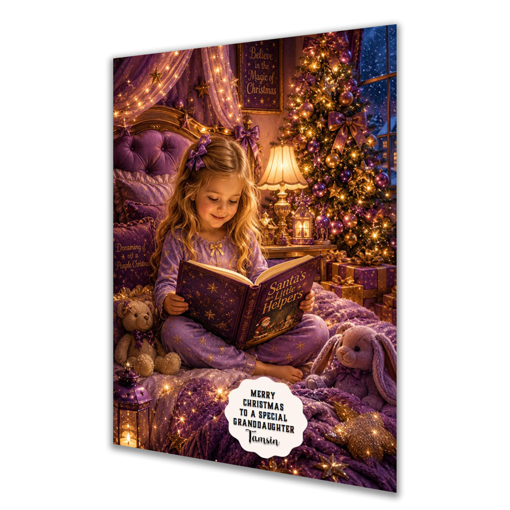 Personalised Christmas Card - Girl Reading a Christmas Story in Bed