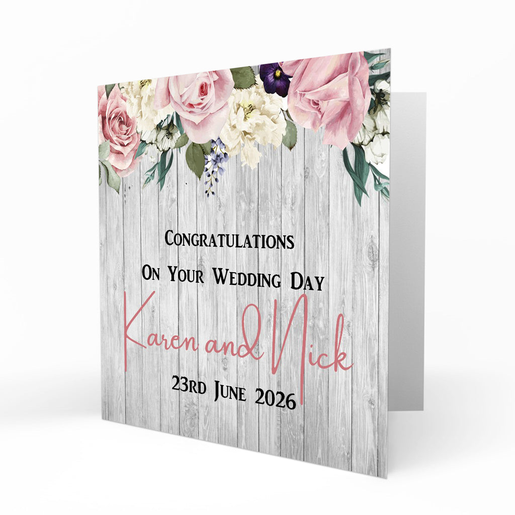 Personalised Wedding Day Card - Pink Roses and Rustic Wood