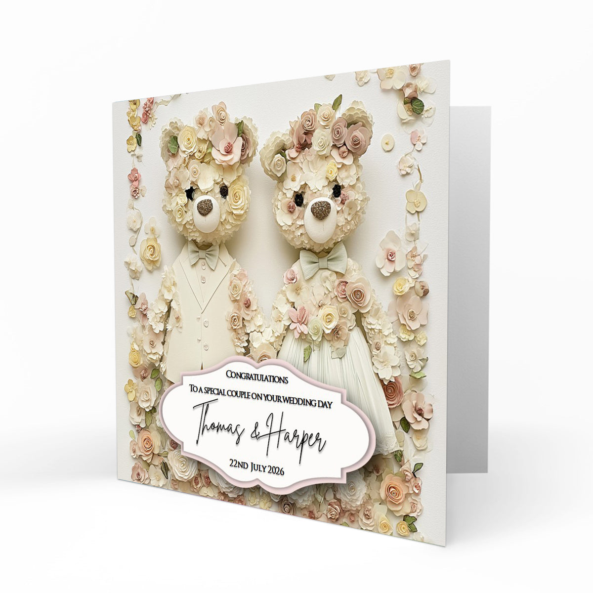 Personalised Wedding Day Card - Floral Wedding Teddy Bears