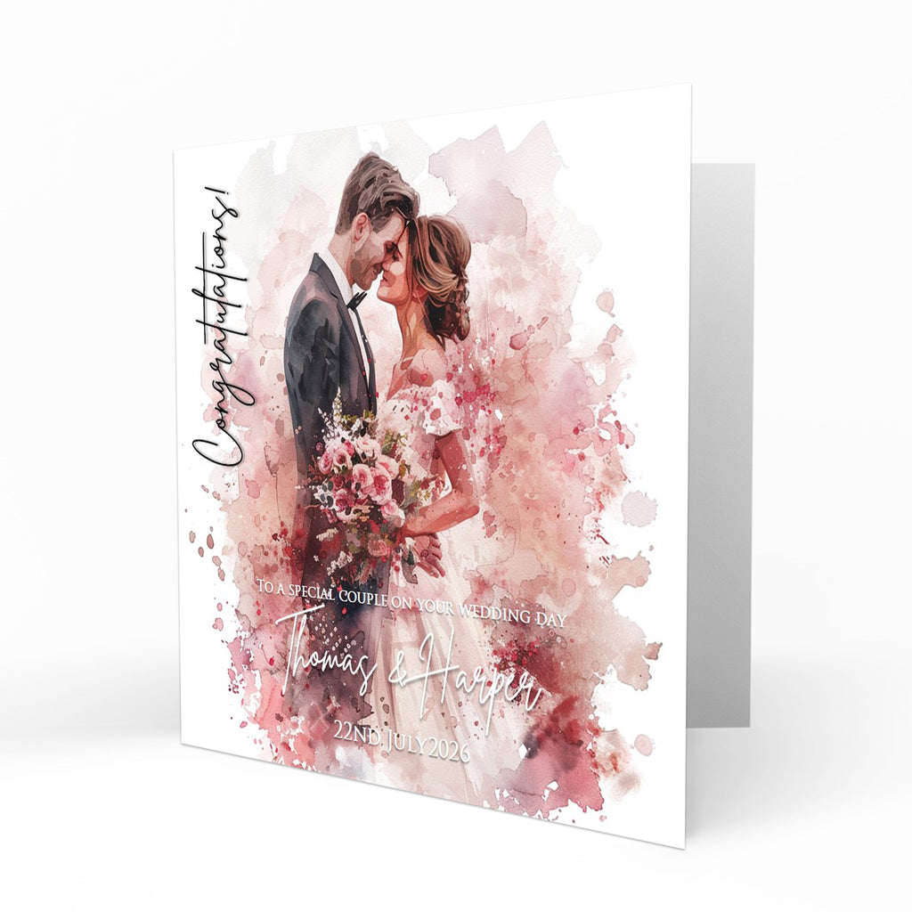 Personalised Wedding Day Card, Congratulations, Dusky Pink Abstract Modern Bride & Groom