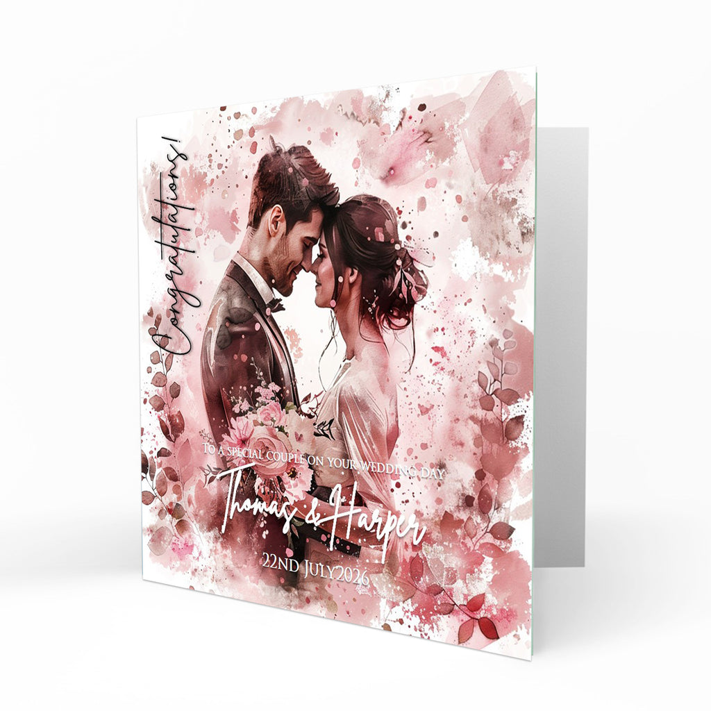 Personalised Wedding Day Card, Congratulations, Dusky Pink Abstract Modern Bride & Groom