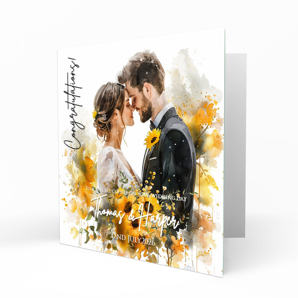 Personalised Wedding Day Card - Wedding Couple and Sunflowers