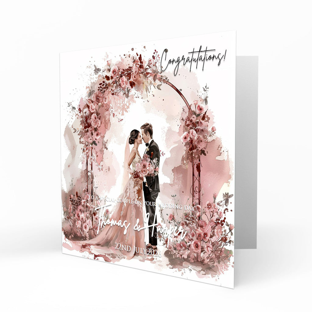 Personalised Wedding Day Card, Congratulations, Dusky Pink Abstract Modern Bride & Groom