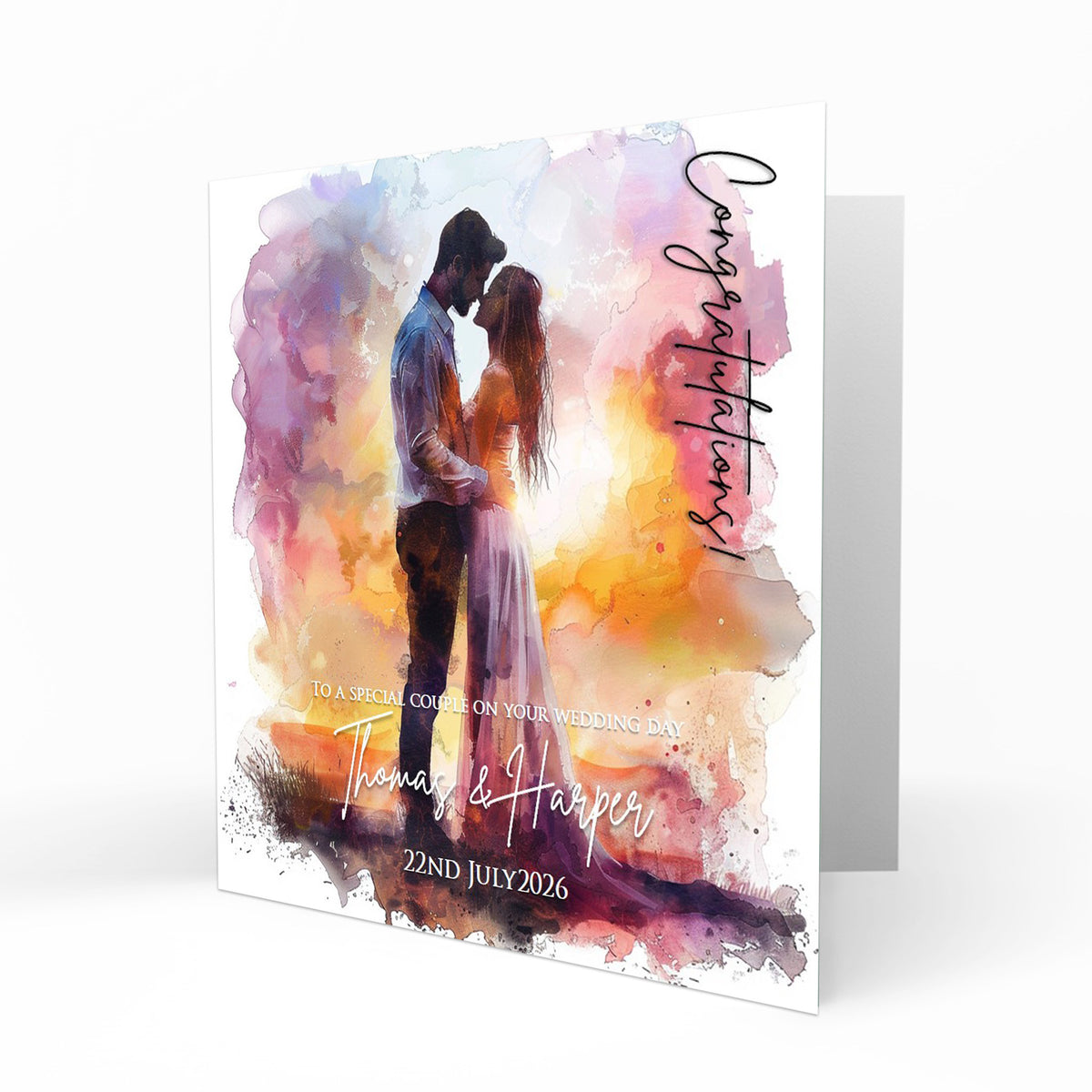 Personalised Wedding Day Card, Congratulations, Abstract Sunset Modern Bride & Groom