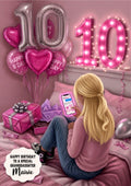 10th Birthday Card Texting Girl, Granddaughter, Daughter, Large A5 Size