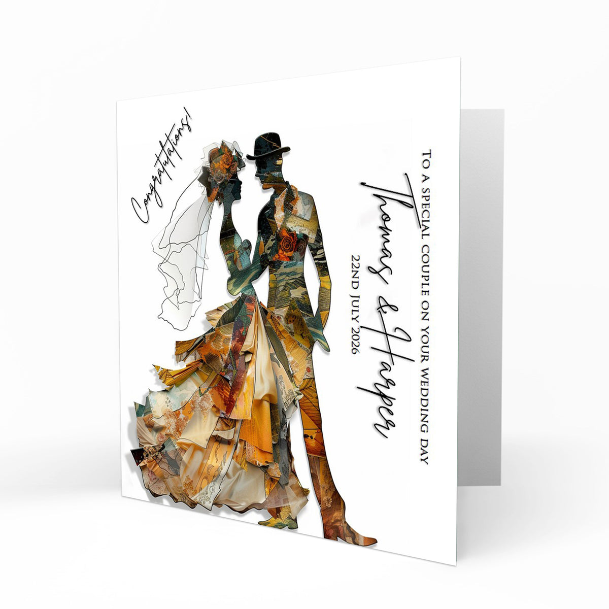 Personalised Wedding Day Card, Congratulations, Modern Abstract Bride & Groom
