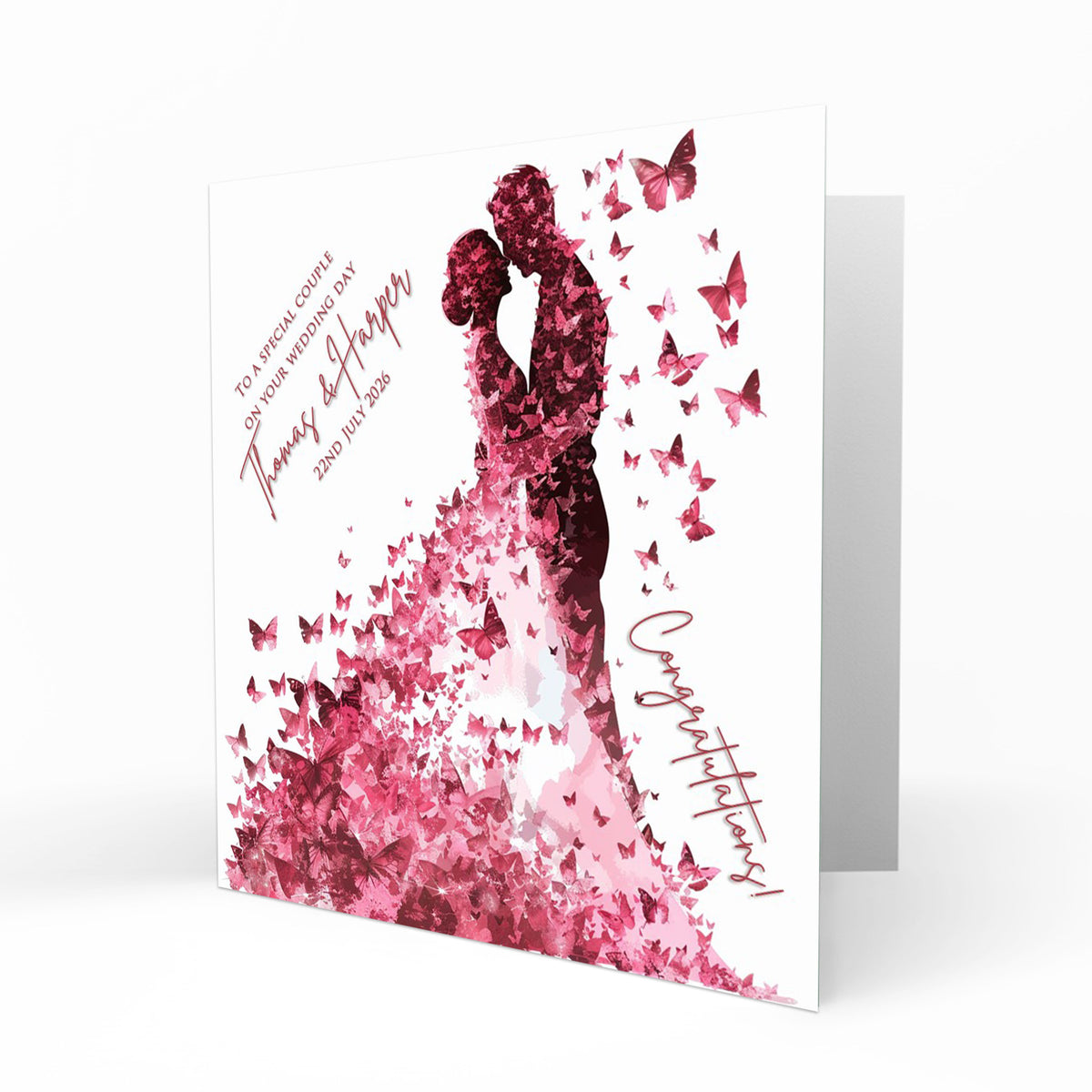 Personalised Wedding Day Card, Congratulations, Modern Abstract Pink Butterlies Bride & Groom