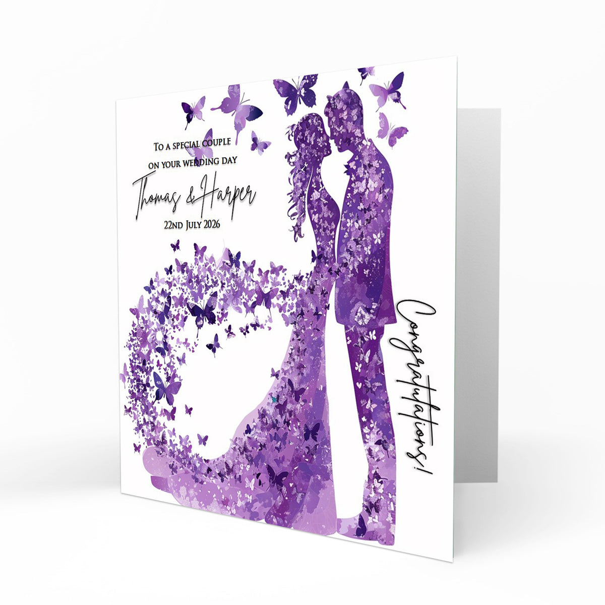 Personalised Wedding Day Card, Congratulations, Modern Abstract Purple Butterflies, Bride & Groom