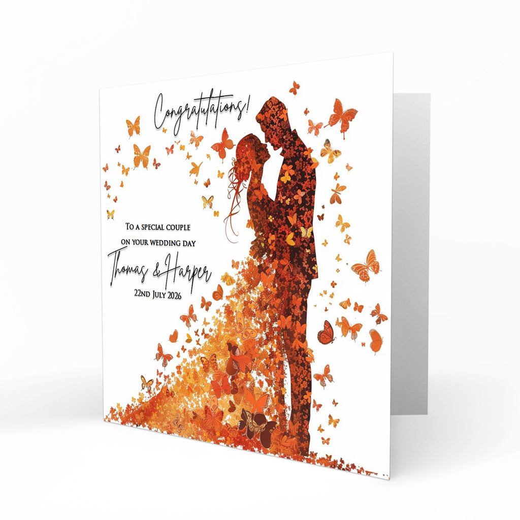 Personalised Wedding Day Card, Congratulations, Modern Abstract Orange Butterflies, Bride & Groom