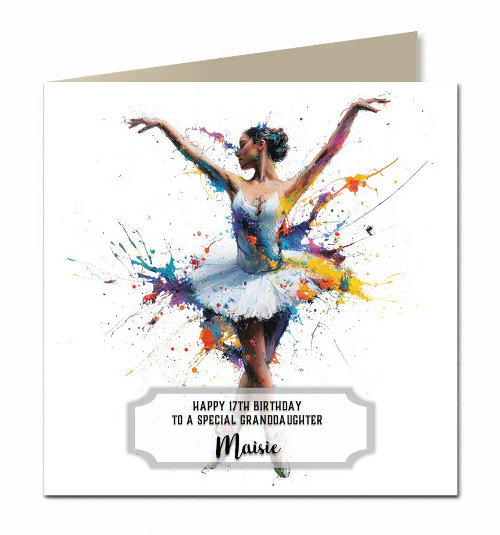 Ballet Birthday Card for Girls or Women, Granddaughter, Daughter, Niece, Ballerina, Personalised, 15cm x 15cm, Blank Inside, with White Envelope