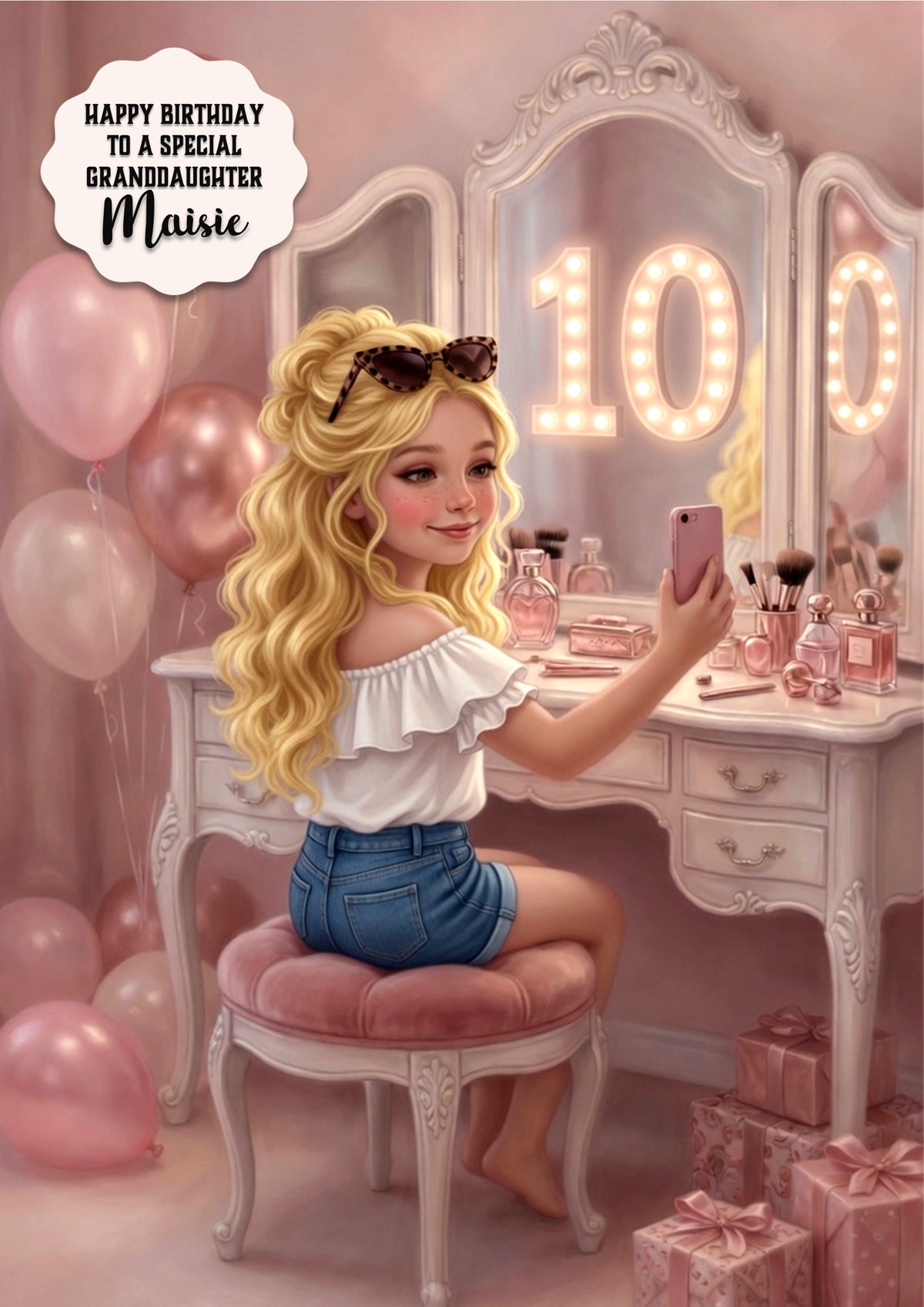 10th Birthday Card Jeans Girl, Granddaughter, Daughter, Large A5 Size
