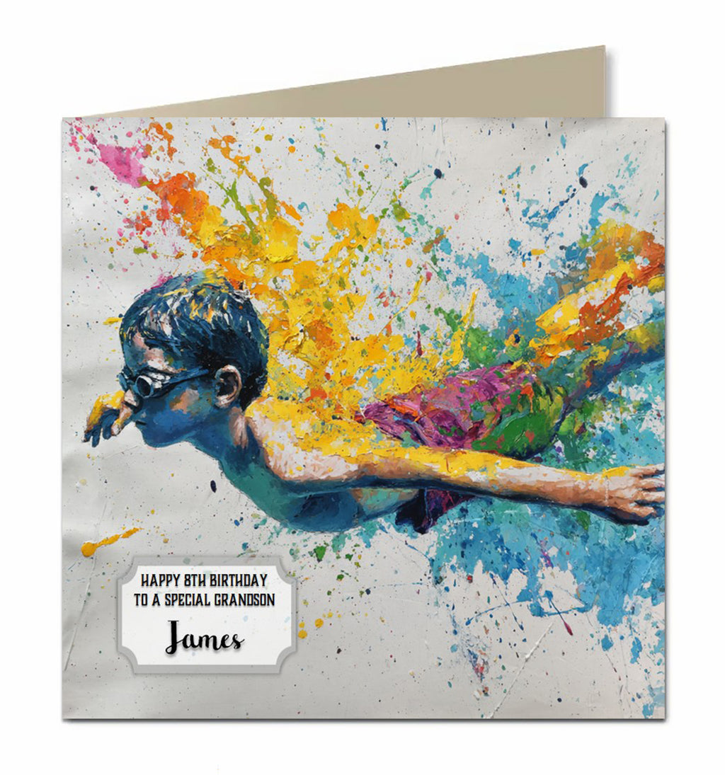 Swimming Birthday Card, Boys, Personalised, Son, Grandson, Nephew, Brother
