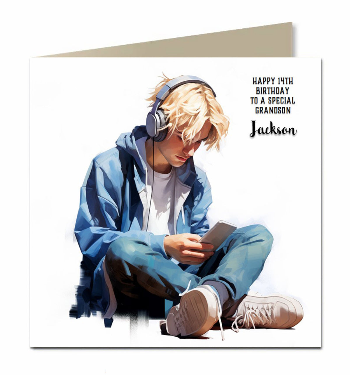 Birthday Card for Teenager, Male, Boys, Son, Grandson, Nephew, Headphone, Music, Mobile Phone Personalised