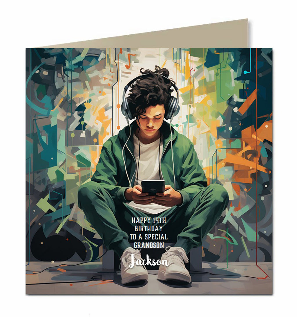 Birthday Card for Teenager, Male, Boys, Son, Grandson, Nephew, Headphone, Music, Mobile Phone Personalised