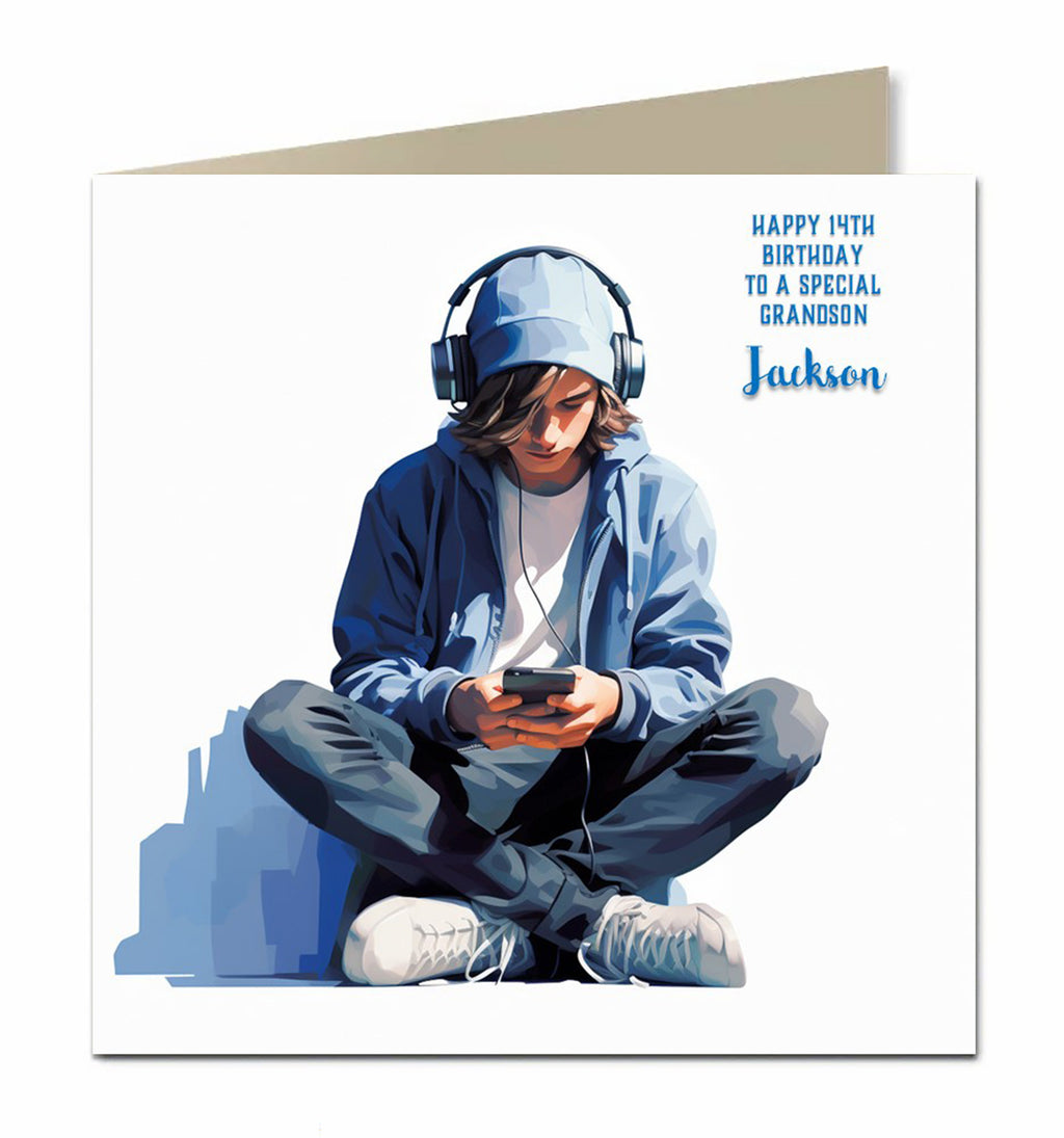 Birthday Card for Teenager, Male, Boys, Son, Grandson, Nephew, Headphone, Music, Mobile Phone Personalised