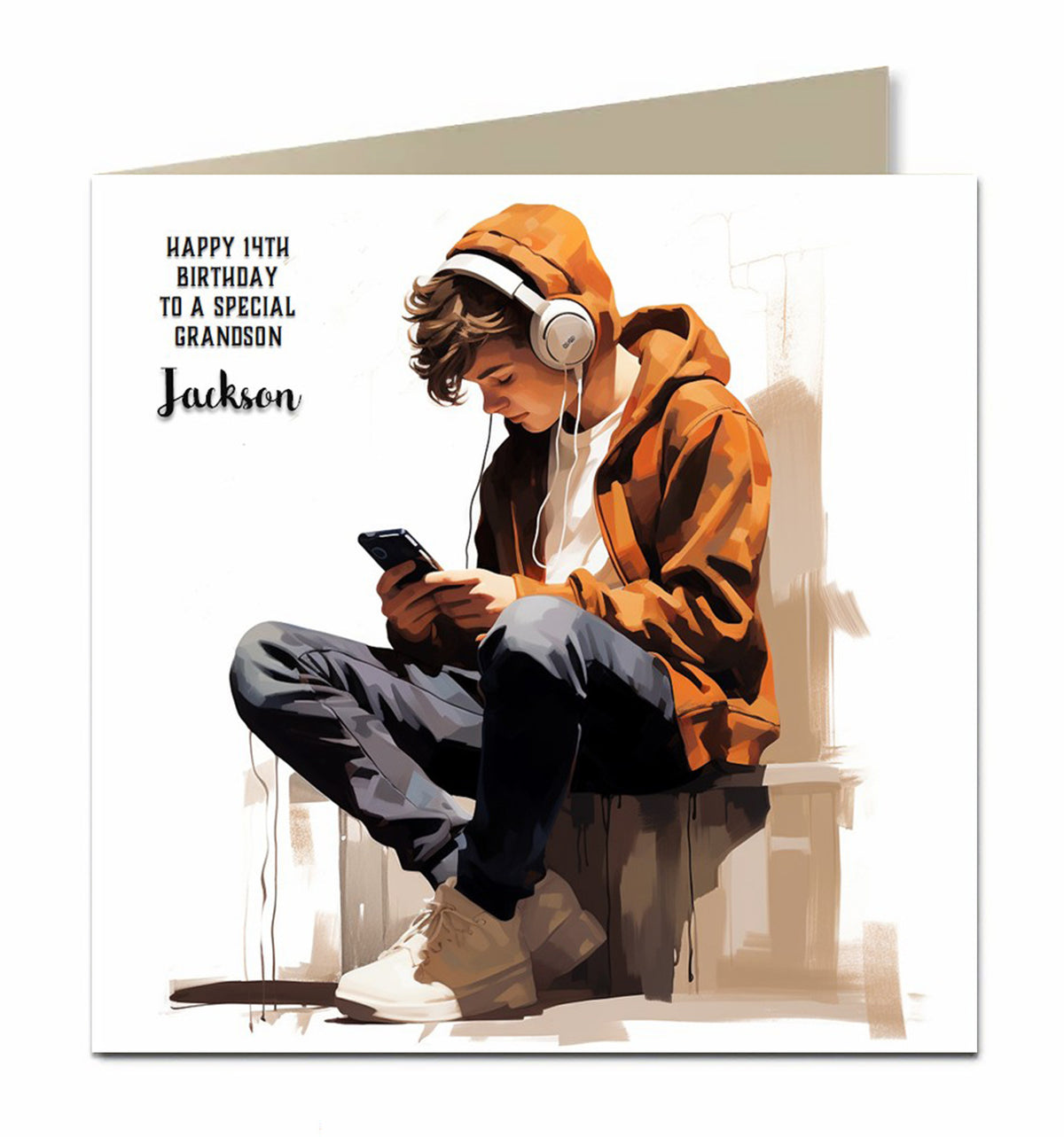 Personalised 14th Birthday Card - Boy with Headphones Using a Phone