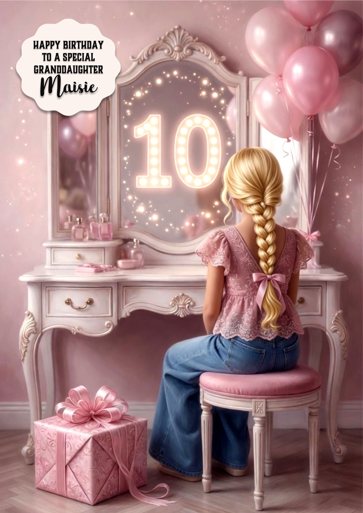 Personalised 10th Birthday Card - Girl at a Dressing Table - Blonde Hair