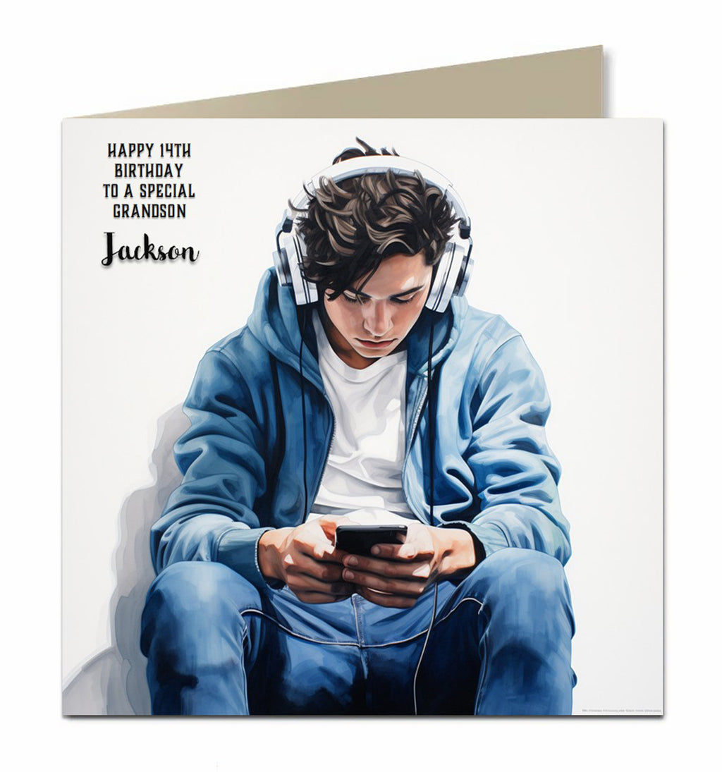 Birthday Card for Teenager, Male, Boys, Son, Grandson, Nephew, Headphone, Music, Mobile Phone Personalised
