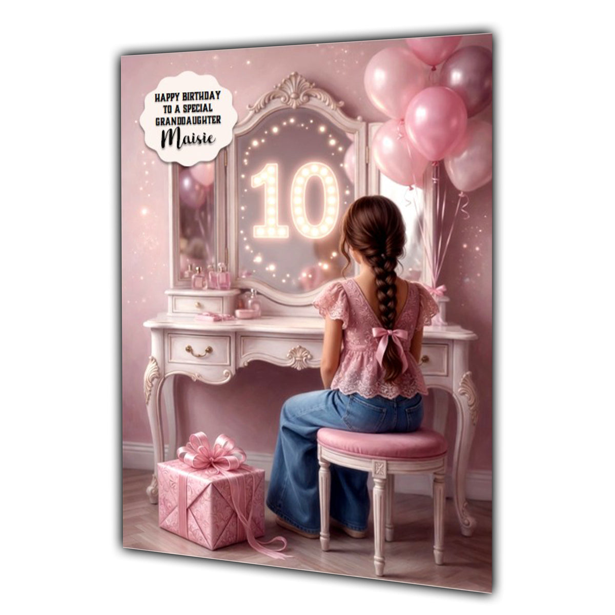 Personalised 10th Birthday Card - Girl at a Dressing Table - Brown Hair