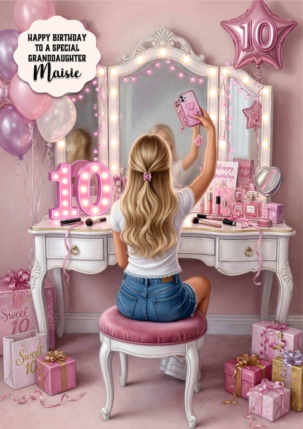 10th Birthday Card Selfie Girl, Granddaughter, Daughter, Large A5 Size