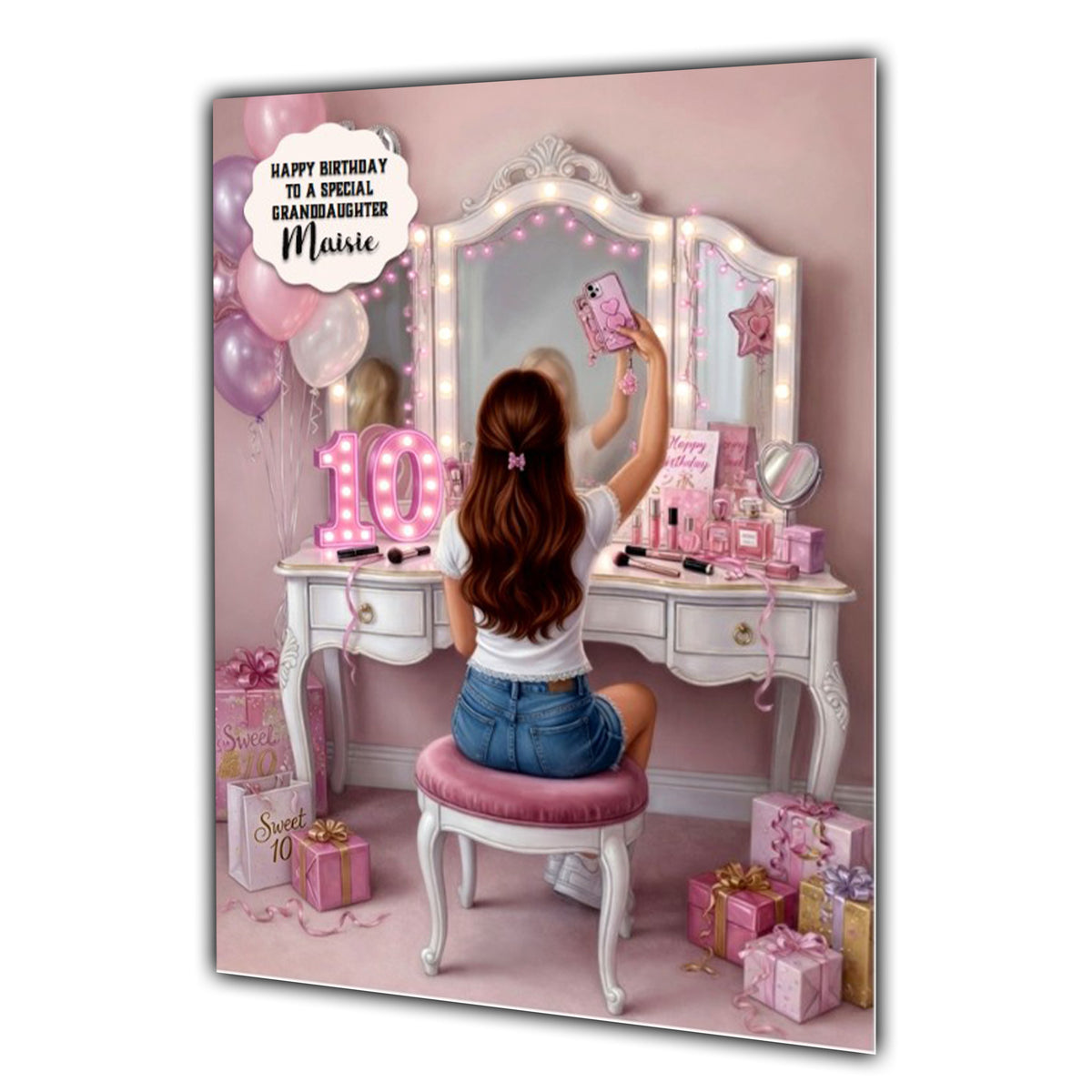 10th Birthday Card Selfie Girl, Granddaughter, Daughter, Large A5 Size