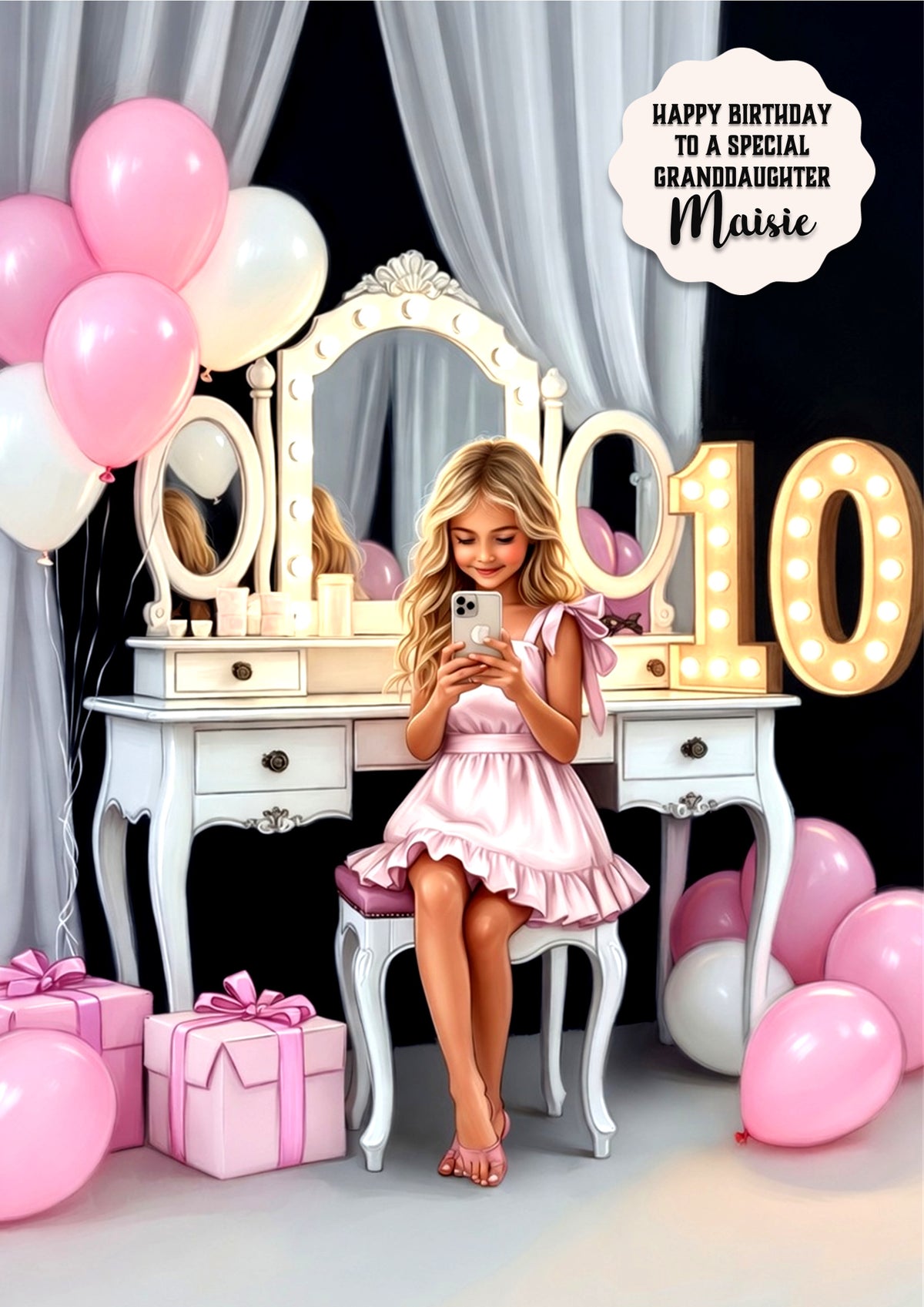 10th Birthday Card Mobile Girl, Granddaughter, Daughter, Large A5 Size