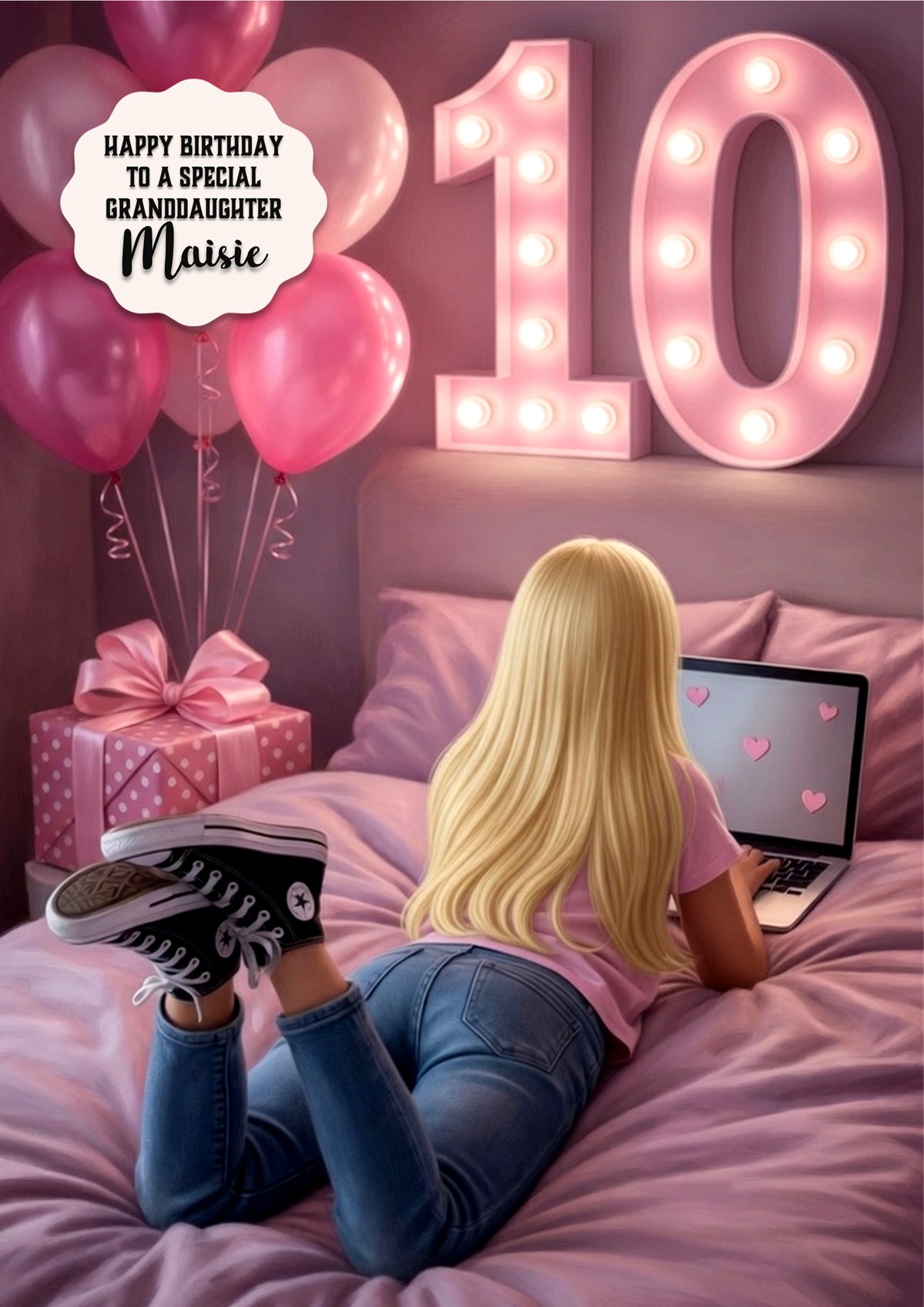 10th Birthday Card Laptop Girl, Granddaughter, Daughter, Large A5 Size