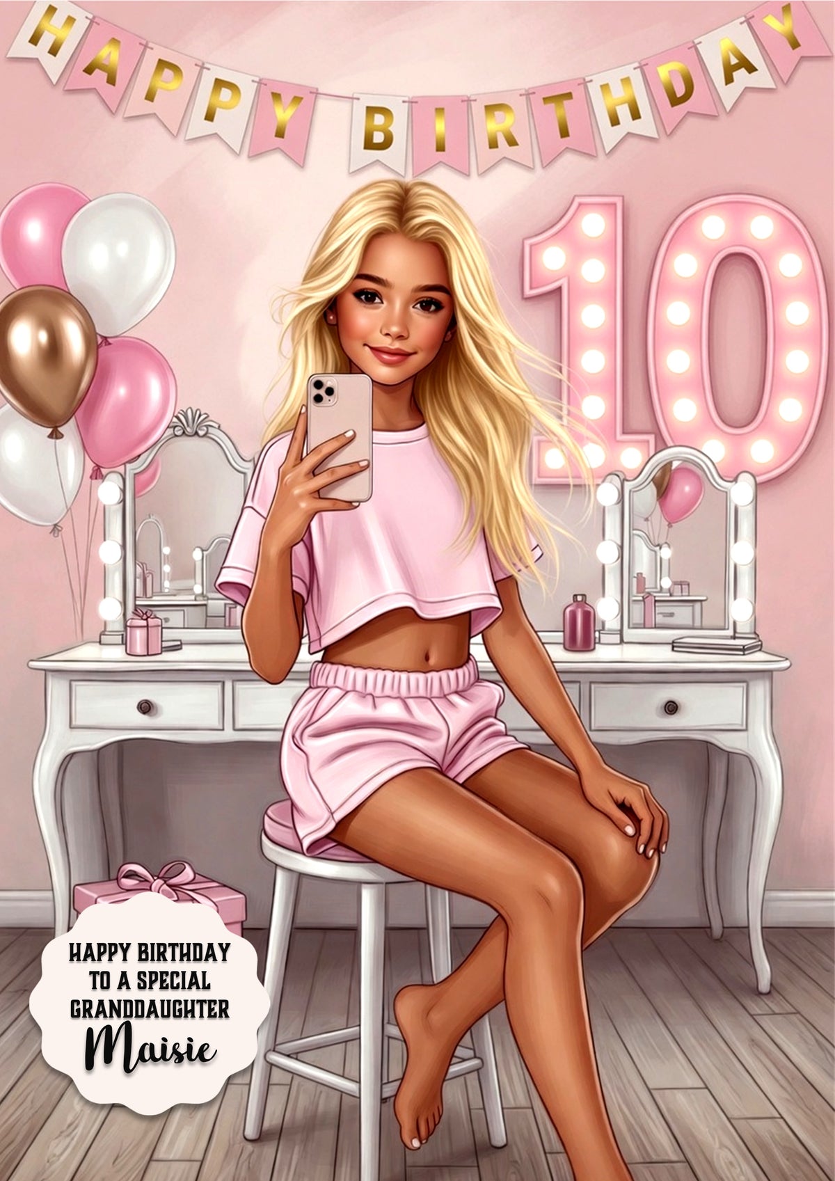 10th Birthday Card Selfie Girl, Granddaughter, Daughter, Large A5 Size