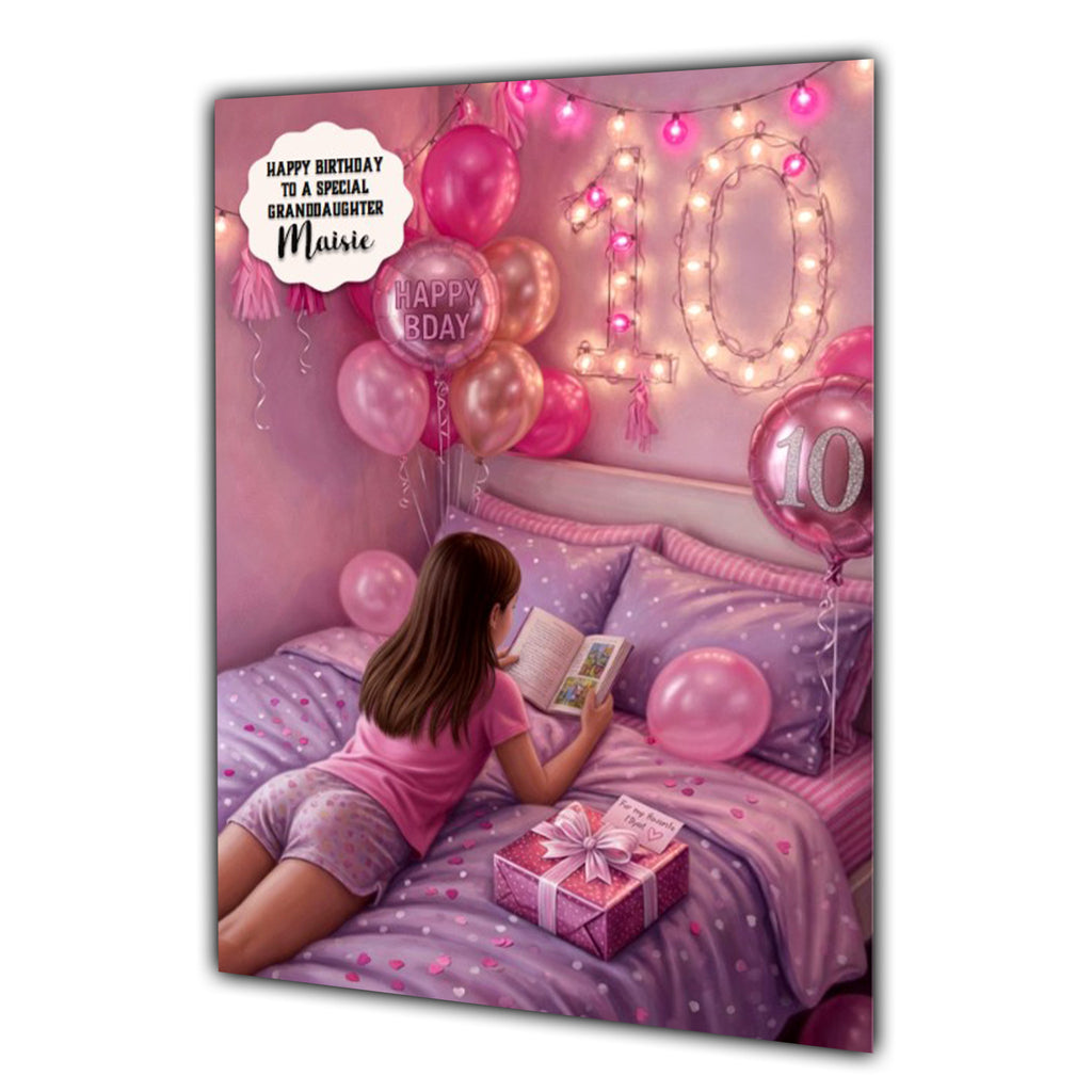 10th Birthday Card Book Reader Girl, Granddaughter, Daughter, Large A5 Size