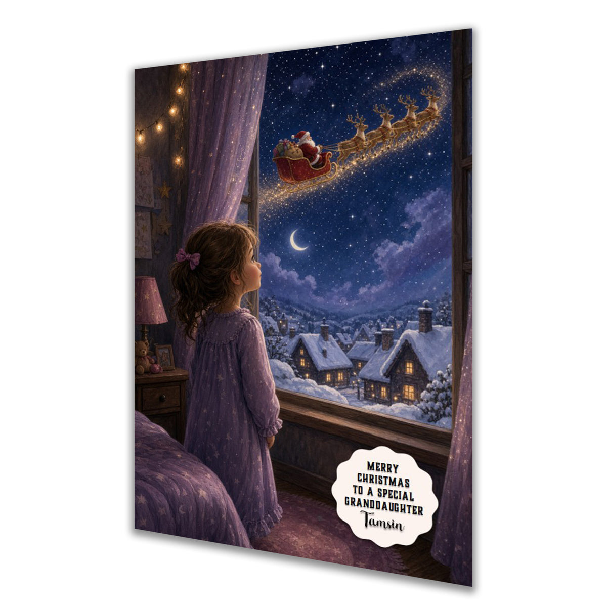 Personalised Christmas Card - Girl Watching Santa Fly Past the Window