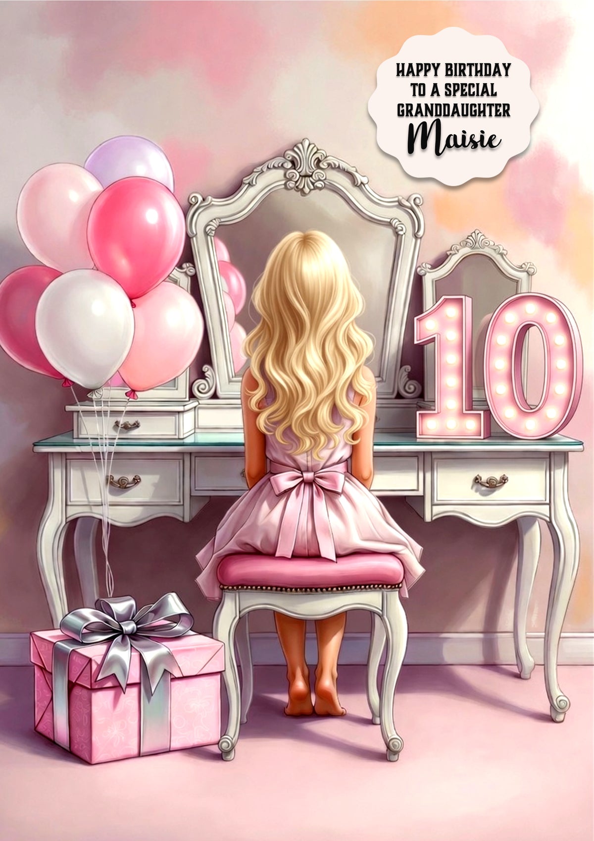 Personalised 10th Birthday Card - Girl at a Dressing Table - Blonde Hair
