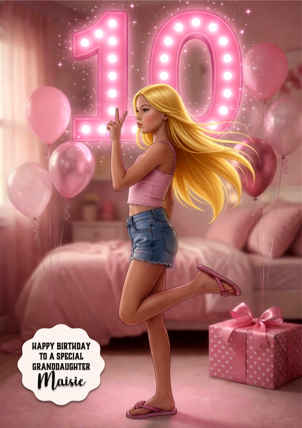 10th Birthday Card Posing Girl, Granddaughter, Daughter, Large A5 Size