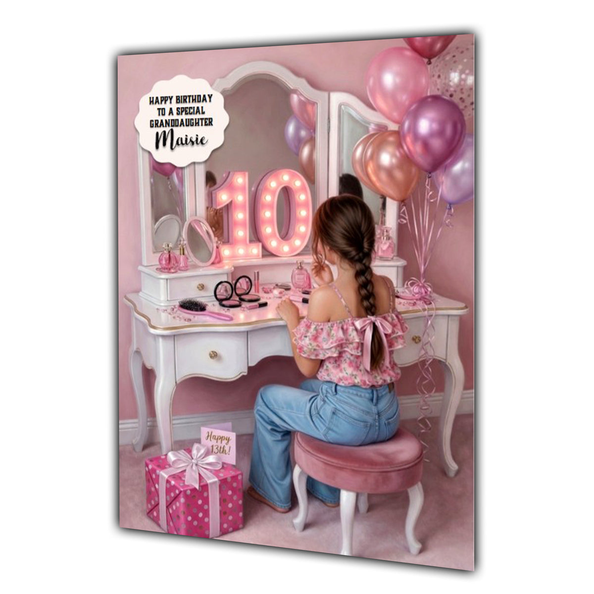 Personalised 10th Birthday Card - Girl at a Dressing Table - Brown Hair