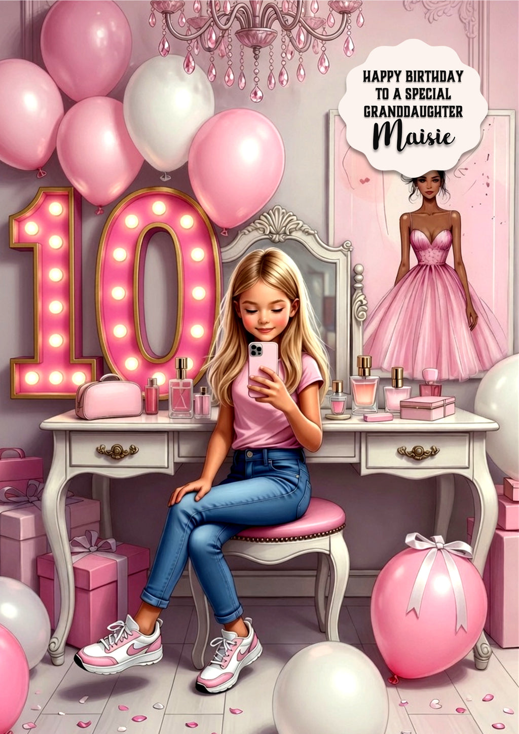 10th Birthday Card Texting Girl, Granddaughter, Daughter, Large A5 Size