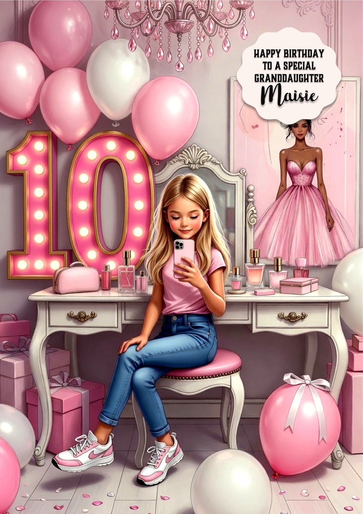 10th Birthday Card Texting Girl, Granddaughter, Daughter, Large A5 Size
