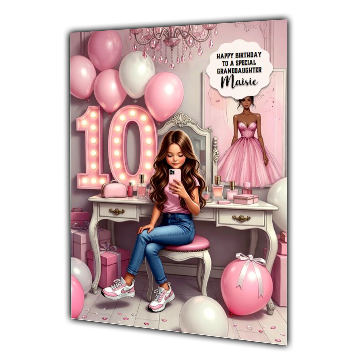 10th Birthday Card Texting Girl, Granddaughter, Daughter, Large A5 Size