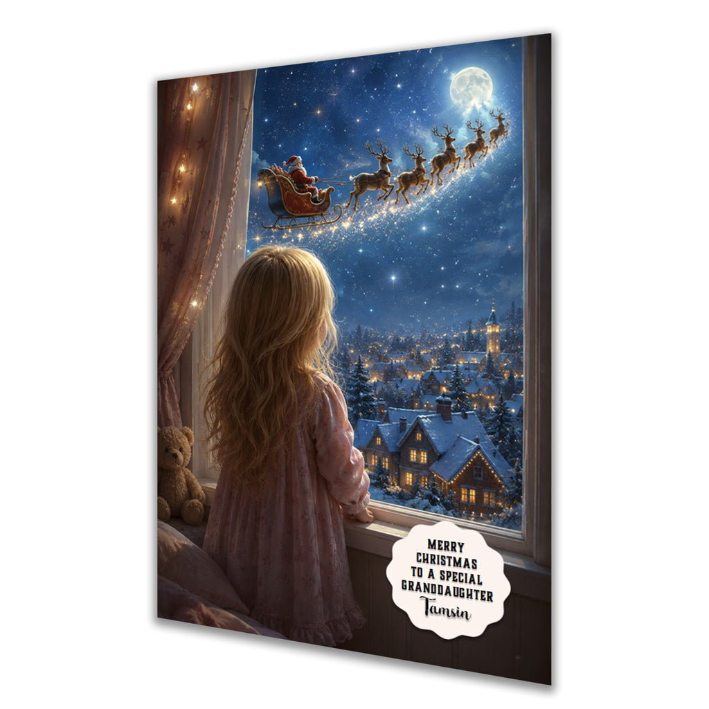 Personalised Christmas Card - Girl Watching Santa Fly Past the Window