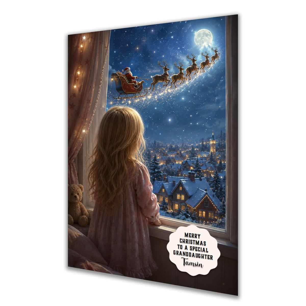 Personalised Christmas Card - Girl Watching Santa Fly Past the Window