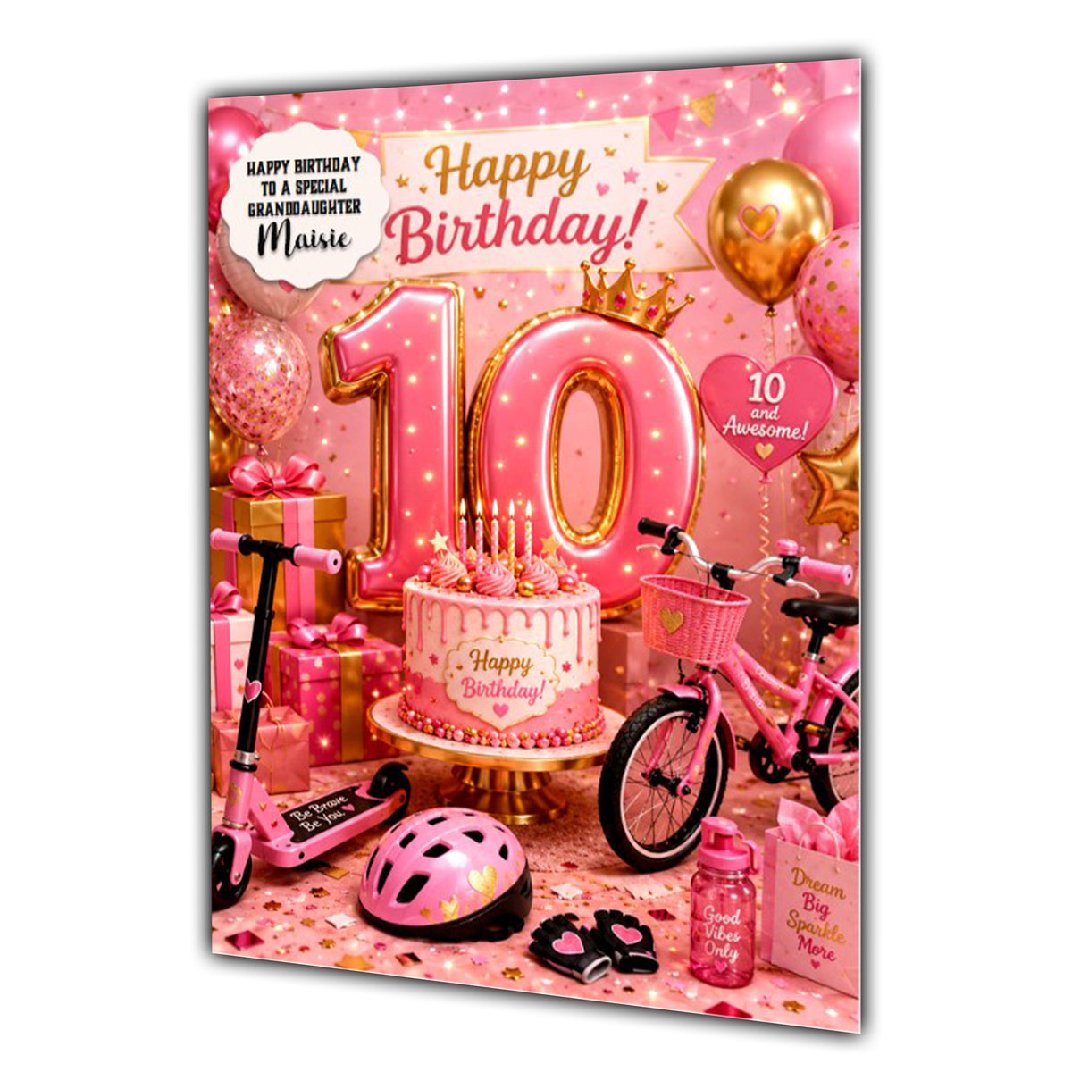 10th Birthday Card Biking Scooter Girl Granddaughter Daughter Large A5 Size