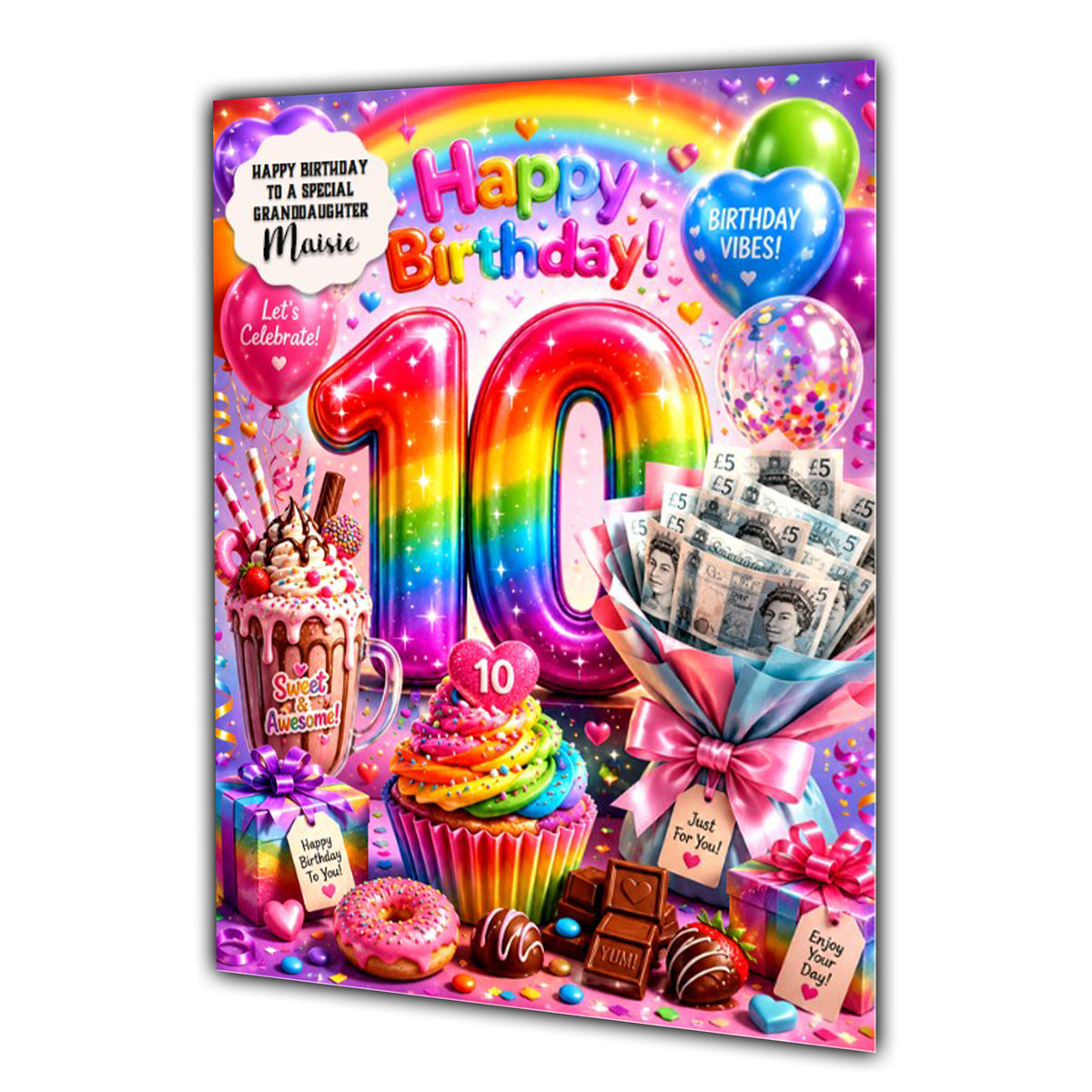 10th Birthday Card For Girls, Daughter, Granddaughter, Niece, Sister, Sweets & Money Bouquet Girl,
