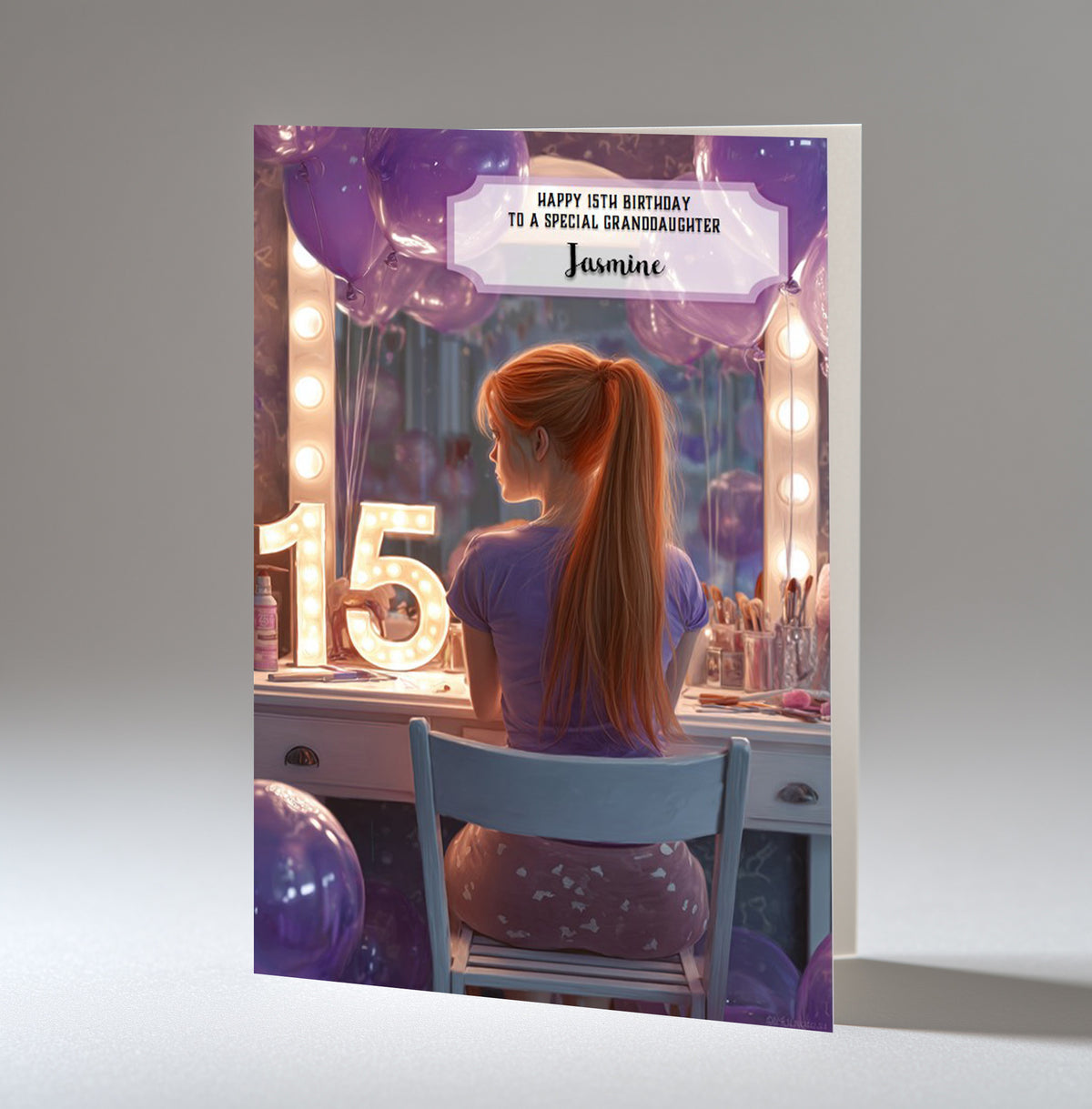 Personalised 15th Birthday Card - Girl at a Dressing Table with Number Lights