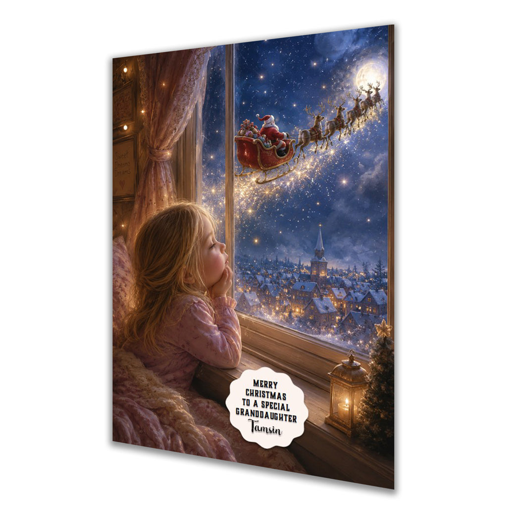 Personalised Christmas Card - Girl Watching Santa Fly Past the Window