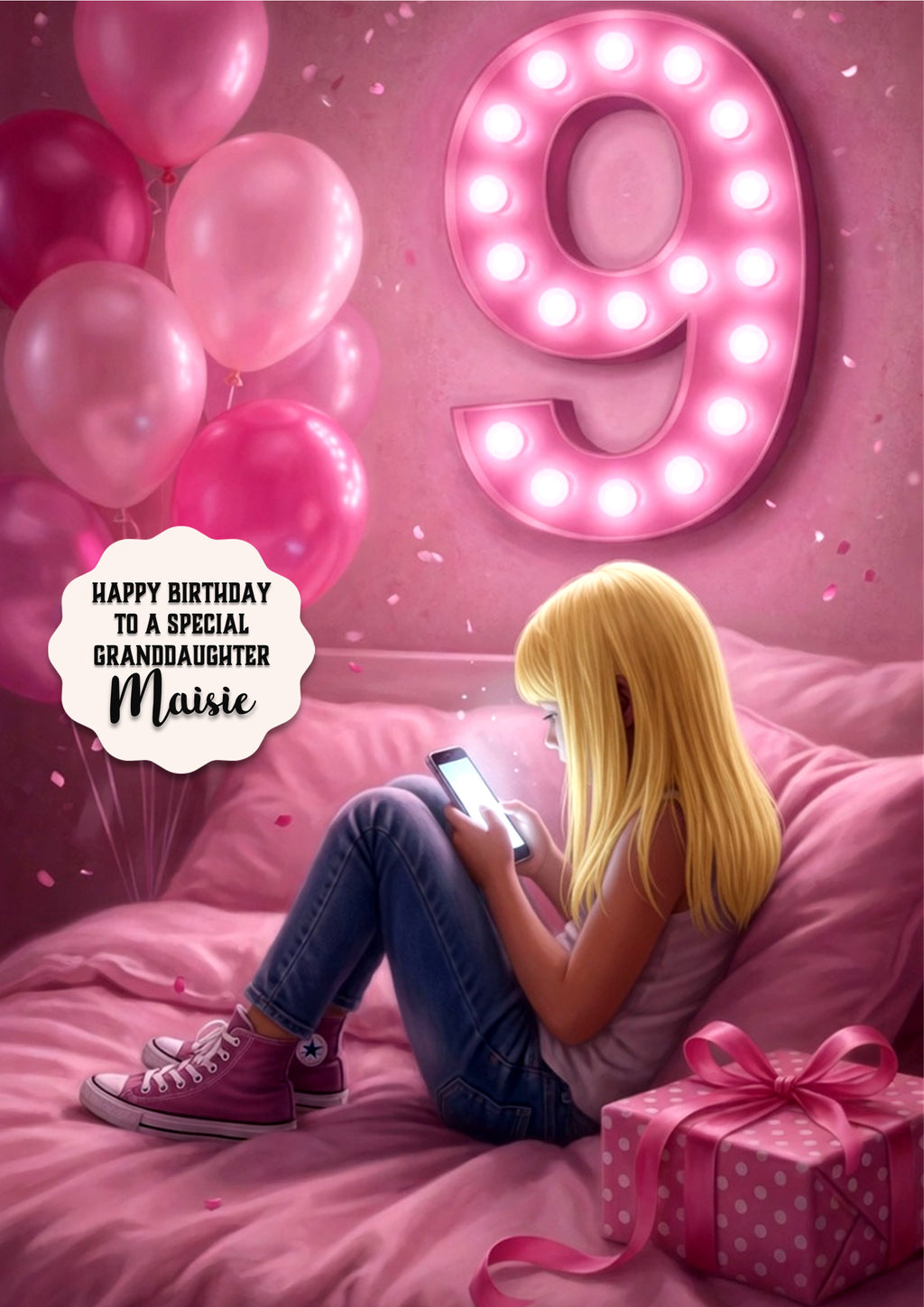 9th Birthday Card Texting Girl, Granddaughter, Daughter Niece Large A5 Size