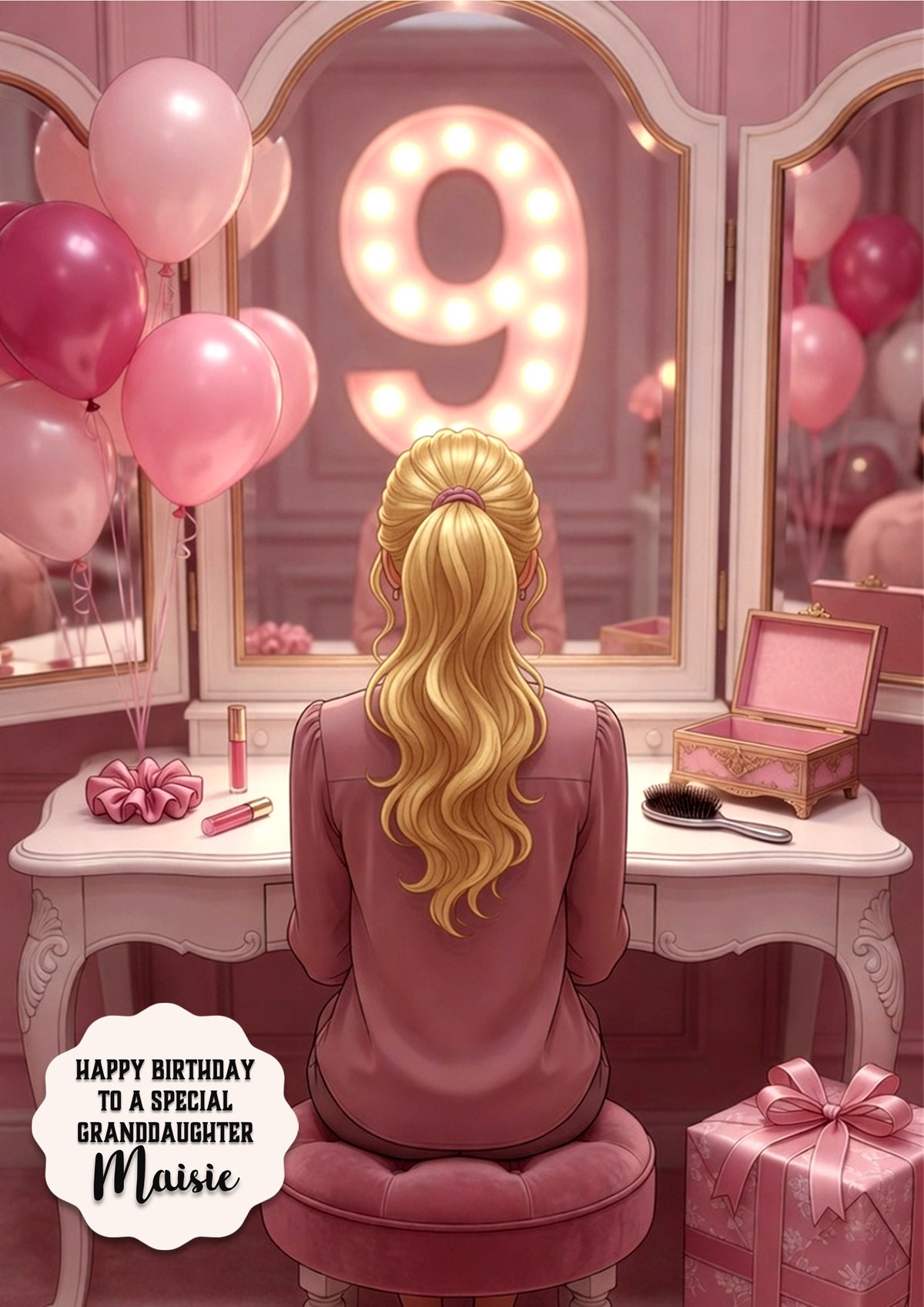 Personalised 9th Birthday Card - Girl at a Dressing Table - Blonde Hair