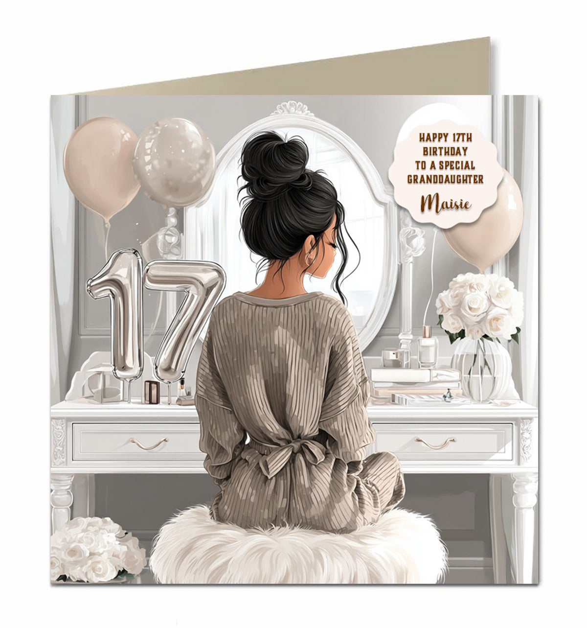 17th Birthday Card For Girls, Granddaughter, Niece, Daughter, Friend, Teenager, Personalised, Dressing Table, Brown Hair,