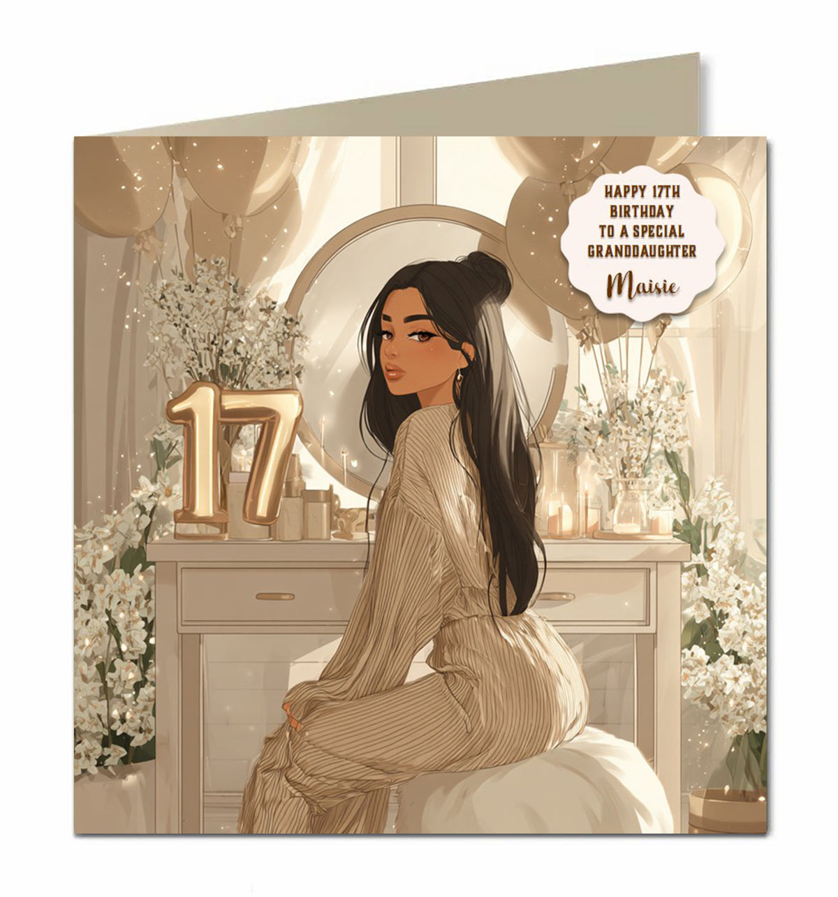 Personalised 17th Birthday Card - Girl at a Dressing Table with Birthday Numbers