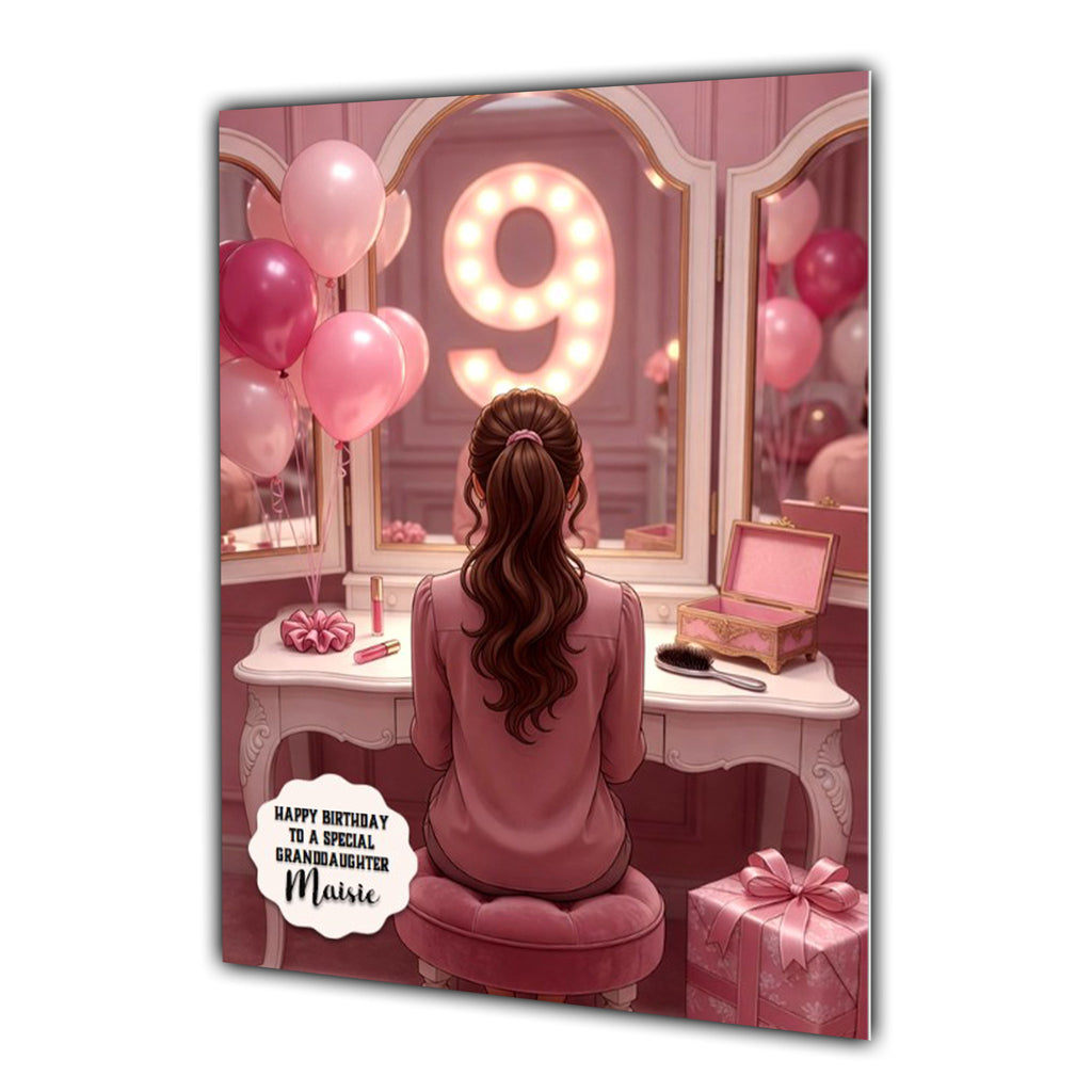Personalised 9th Birthday Card - Girl at a Dressing Table - Brown Hair