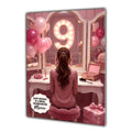 Personalised 9th Birthday Card - Girl at a Dressing Table - Brown Hair