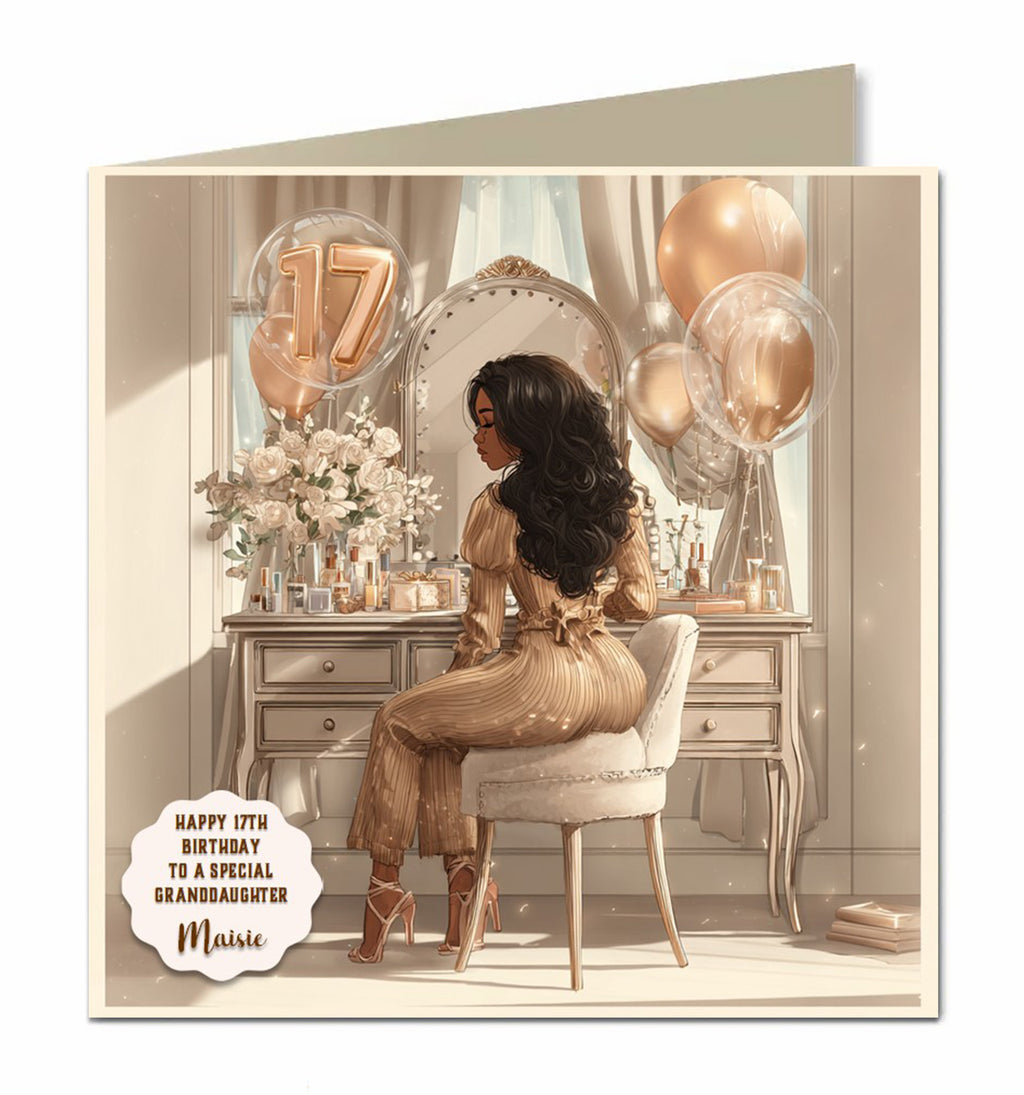 17th Birthday Card For Girls, Daughter, Granddaughter, Niece, Black Hair,