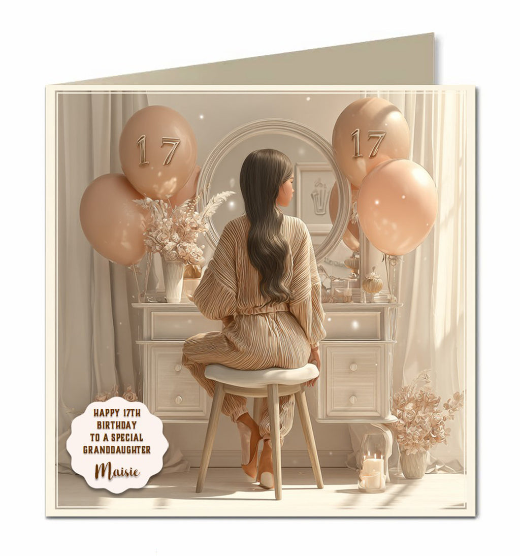 17th Birthday Card For Girls, Granddaughter, Niece, Daughter, Friend, Teenager, Personalised, Dressing Table, Black Hair,